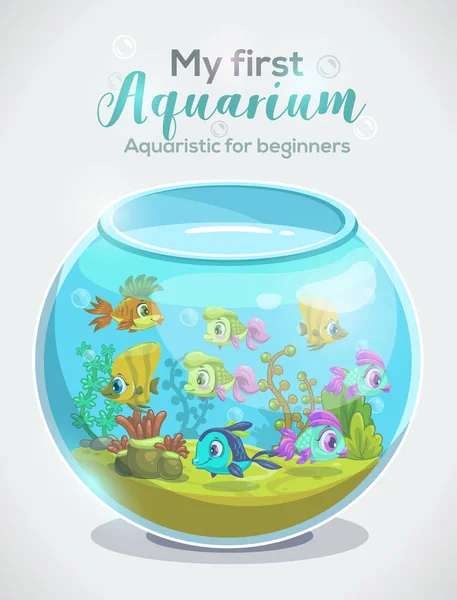 Mi primer acuario, acuario para principiantes, diseño de portada infantil . — Archivo Imágenes Vectoriales