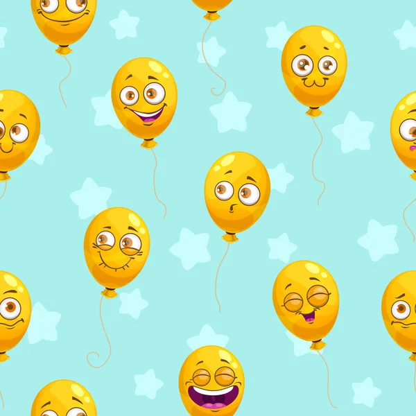 Modello senza soluzione di continuità con divertenti palloncini gialli cartone animato. Emoji facce texture . — Vettoriale Stock