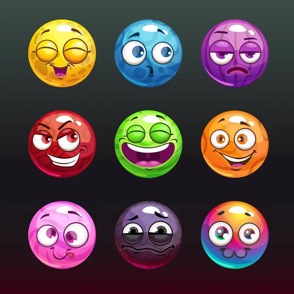Bolas de geléia cômica com rostos de emoji para o desenvolvimento do jogo . —  Vetores de Stock