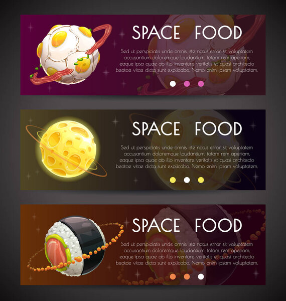 Space horizontal banners. Commercial fliers with fantasy food planets.