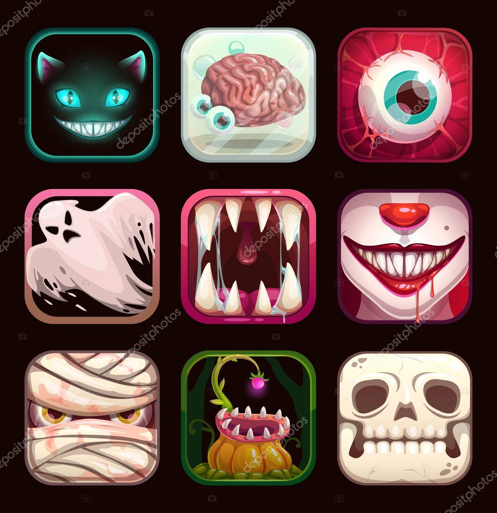 Scary app icons on black background. Creepy mobile game logo templates collection. Cartoon horror Halloween vector illustration set.