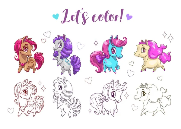 Let s color pony. Funny cute cartoon little chibi horses, colorful and contour pictures. — Stock Vector