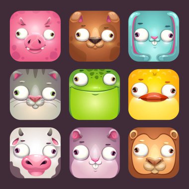 Komik karikatür kare hayvan yüzleri, app Icons set.