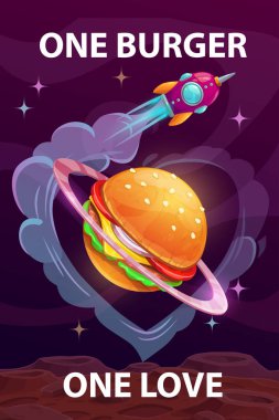 Bir hamburger, bir aşk. Komik karikatür motivasyon gıda poster dev hamburger gezegen ile.