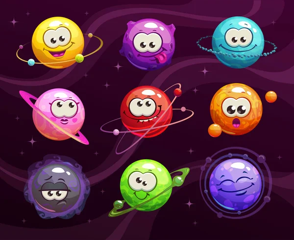 Funny cartoon colorful comic emoji planets set.