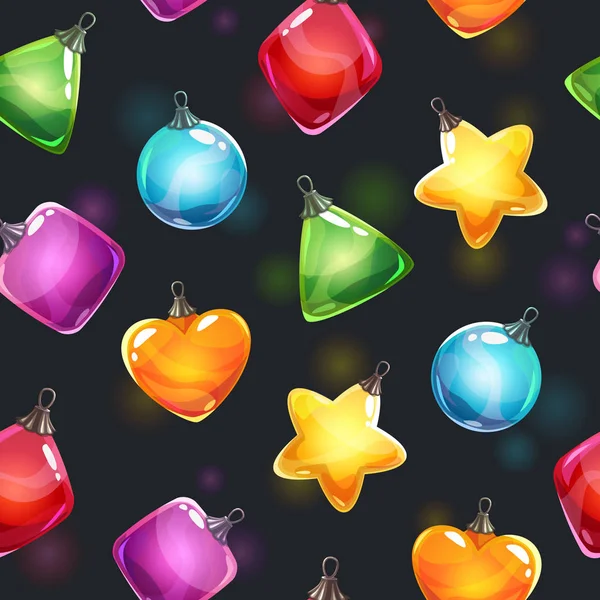 Weihnachtlicher Hintergrund. festliche nahtlose Muster mit farbenfrohen glänzenden Spielzeugen für das neue Jahr. — Stockvektor