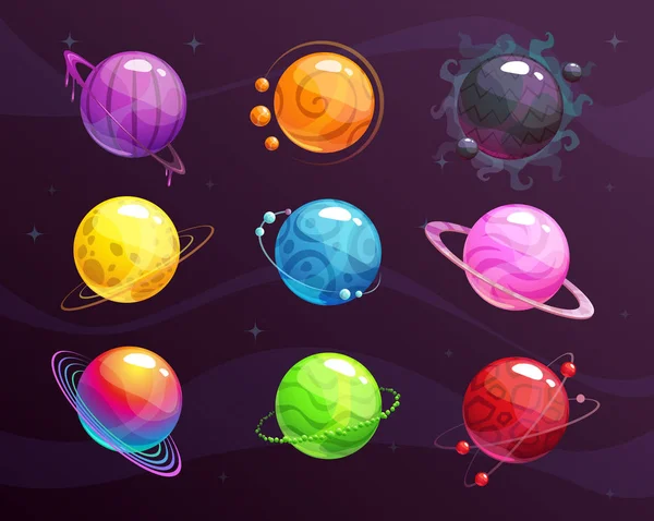 Desenhos animados planetas de fantasia coloridos definidos no fundo do espaço . — Vetor de Stock