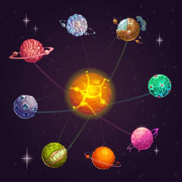 Système solaire extraterrestre fantastique avec étoile et planètes insolites. Illustration spatiale vectorielle . — Image vectorielle