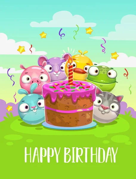Feliz cumpleaños tarjeta de felicitación. Ilustración de cumpleaños vectorial con animales redondos divertidos . — Vector de stock