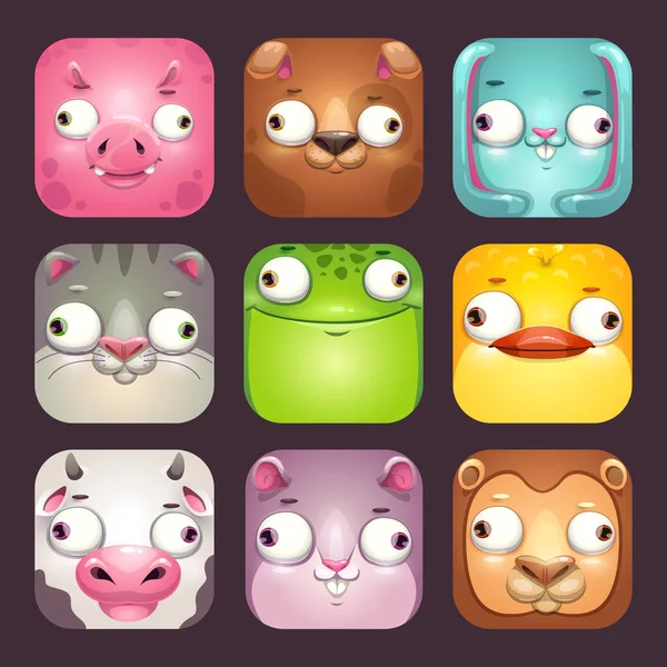 Caras animais quadradas engraçadas dos desenhos animados, jogo dos ícones do app . — Vetor de Stock