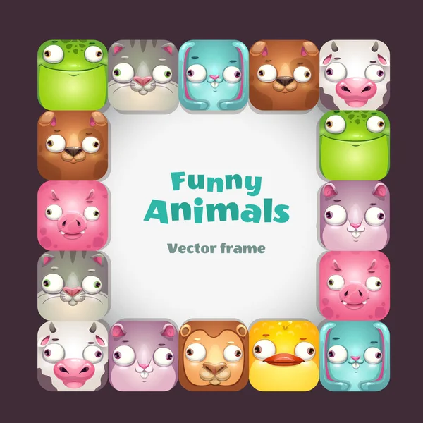 Funy vector square frame with comic cartoon animal faces. — Stock Vector