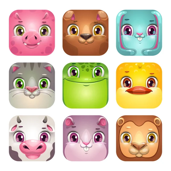 Divertidos dibujos animados cuadrados caras de animales. Conjunto de iconos de aplicación para el diseño del logotipo del juego infantil . — Vector de stock