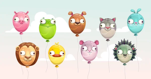 Ballons volants colorés drôles avec des visages d'animaux fous . — Image vectorielle