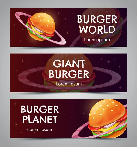 Fast food creative reklama banery zestaw. Burger planet world design. — Wektor stockowy