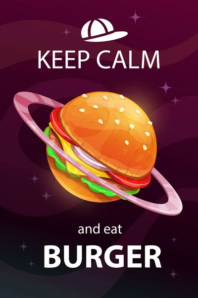 Keep Calm Eat Burger Funny Cartoon Motivation Food Poster Giant — Stock Vector