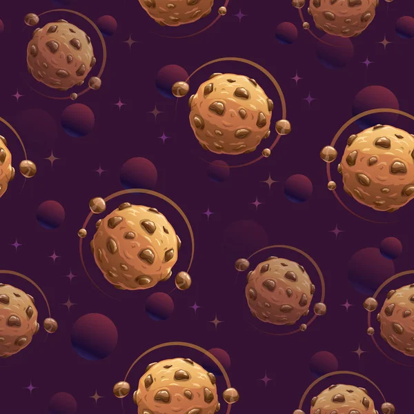 Vzor bezešvé s mňam čokoládový planety. Cookie prostoru textury. — Stockový vektor
