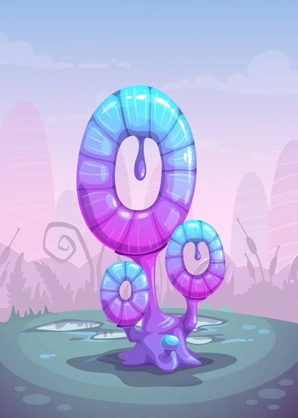 Fantasia cogumelo azul brilhante, desenho animado planta mágica. Paisagem natureza alienígena . — Vetor de Stock