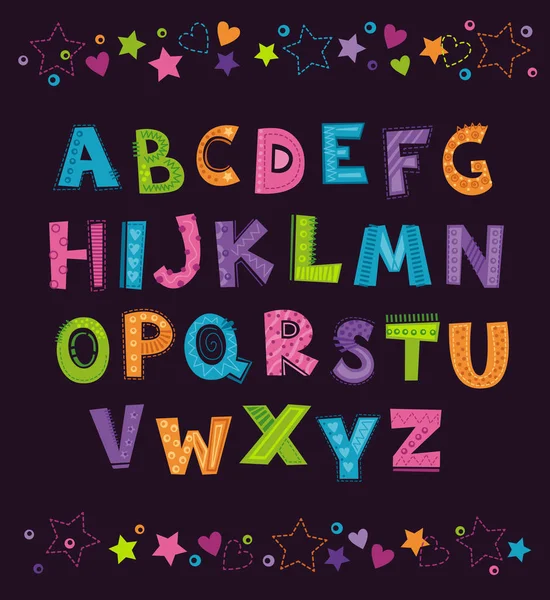 Cute funny childish alphabet on the dark background. — Stock Vector