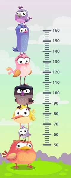 Gráfico de altura de crianças. Medidor de parede com pássaros engraçados desenhos animados . —  Vetores de Stock