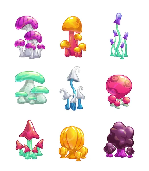 Cartoon colorful fantasy glossy mushrooms icons set. — Stock Vector