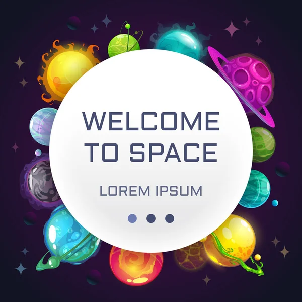 Welcome to space. Creative space background with cartoon colorful fantasy planets. — Stock Vector