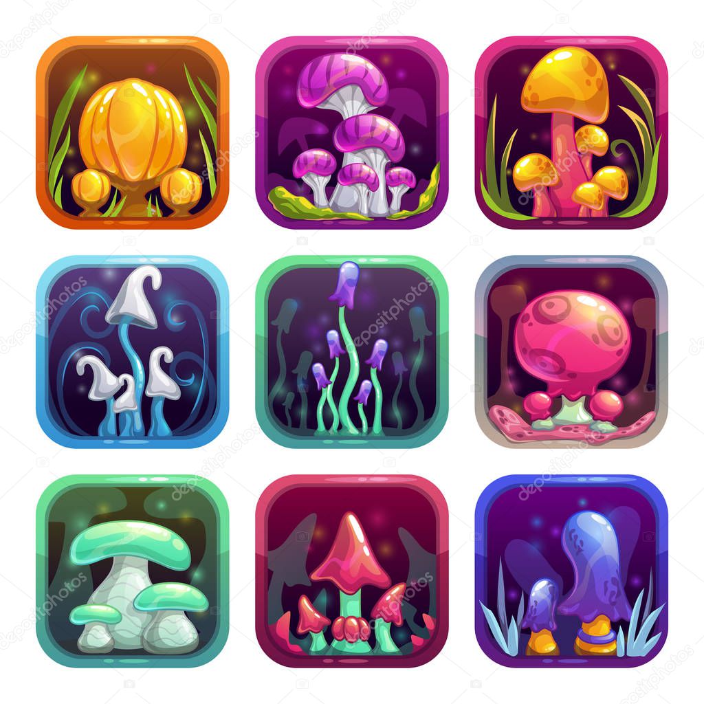 App icons with fantasy cartoon colorful shiny mushrooms in the frame. Vector application store assets set. Isolated on white background.