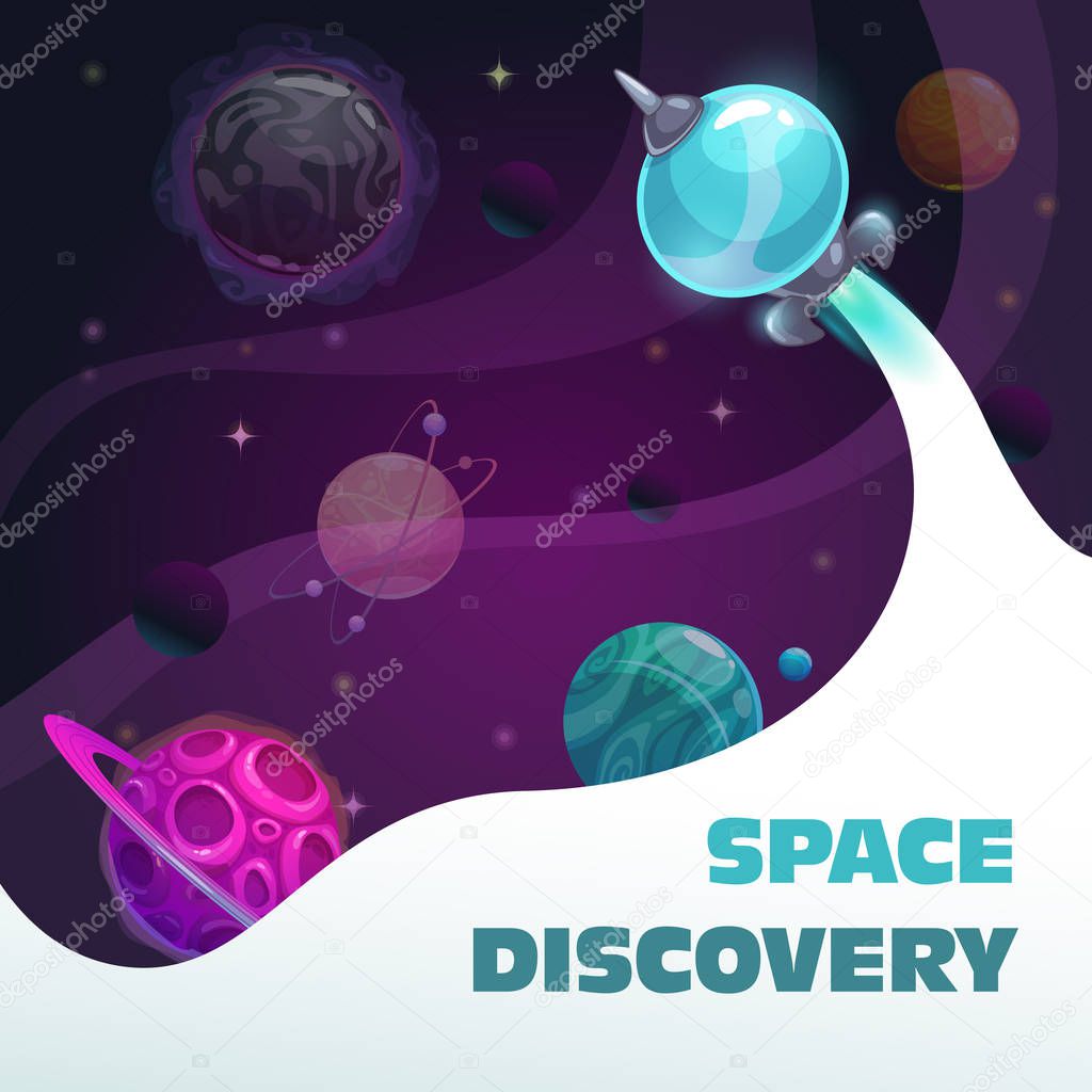 Space discovery concept, fast spaceship start. Fantasy space background with planets and rocket.