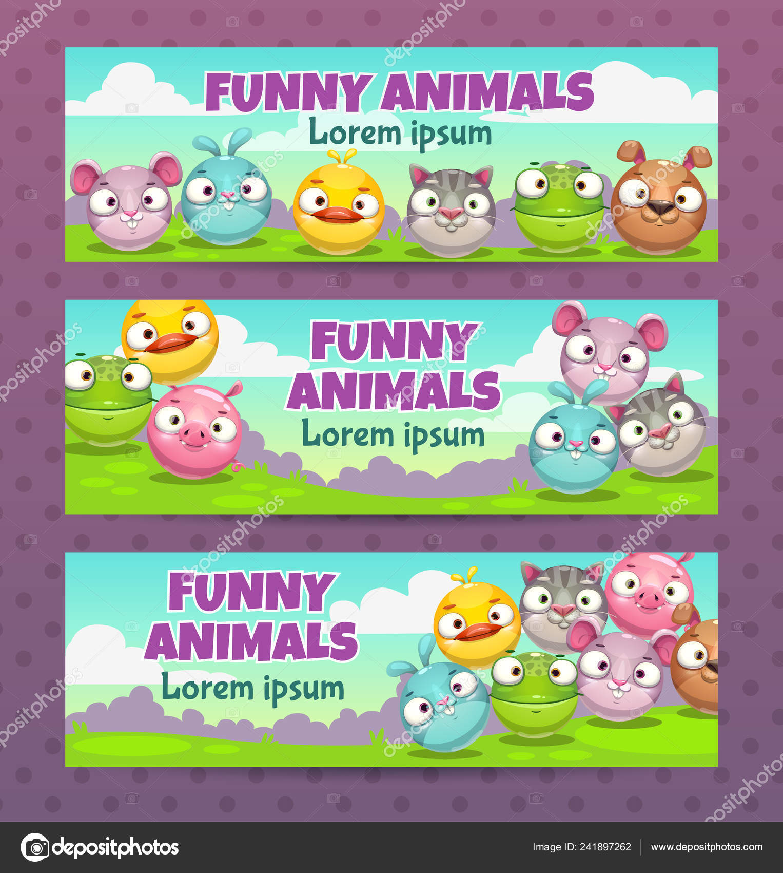 Cute childish illustration set. Horizontal banners with funny cartoon round  animals. Stock Vector Image by ©lilu330 #241897262