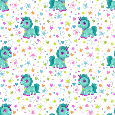 Seamless modeli ile sevimli çizgi film küçük tek boynuzlu at, kalp, yıldız.