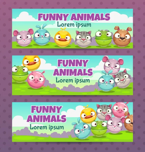 Cute childish illustration set. Horizontal banners with funny cartoon round animals. — Stock Vector