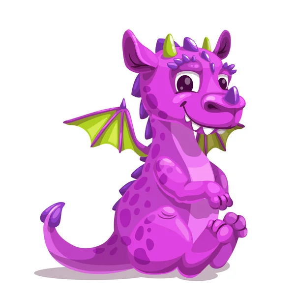 Pequeño lindo dibujo animado púrpura bebé dragón. Ilustración vectorial . — Vector de stock