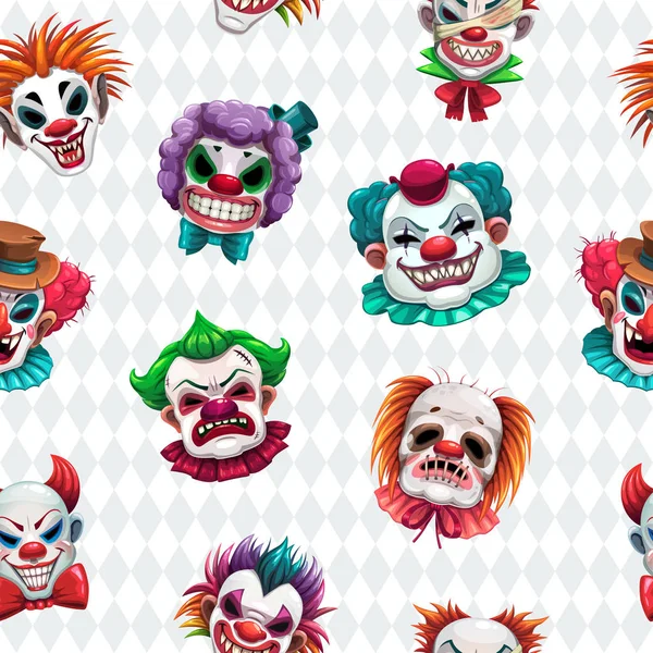 Seamless pattern with scary clown faces on the white background. — Stock Vector