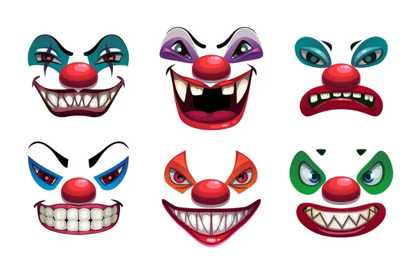 Creepy clown faces. Isolated on white. Scary vector. — Stock Vector