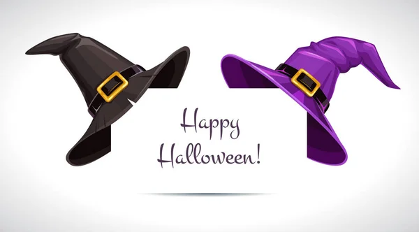 Sombrero de bruja negro y morado en la esquina de papel. Decoración de Halloween . — Vector de stock
