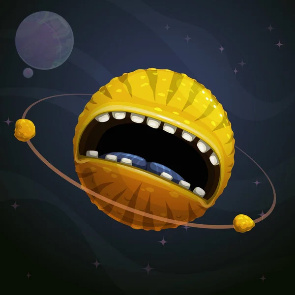 Cartoon fantasy yellow monster planet with giant scary mouth on spacmic background . — стоковый вектор