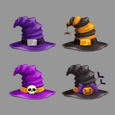 Karikatür cadı şapka, renkli simgeler ayarlayın. Cadılar Bayramı kostüm elemanı.