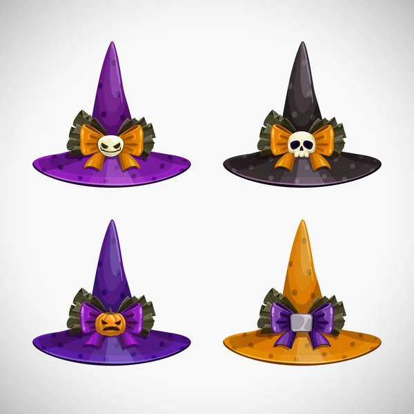 Cartoon witch hat, colorful icons set. Halloween costume element. — Stock Vector