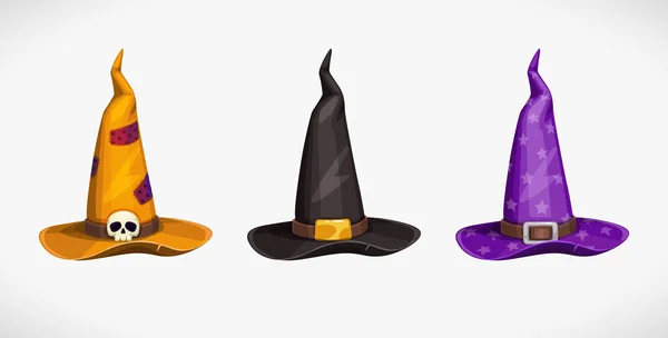 Cartoon-Hexenhut, bunte Symbole gesetzt. Halloween-Kostüm-Element. — Stockvektor