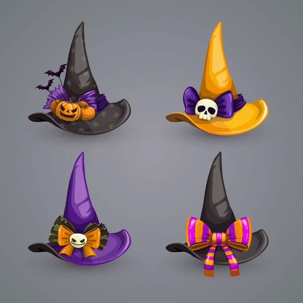 Sombrero de bruja de dibujos animados, conjunto de iconos de colores. Elemento disfraz Halloween . — Vector de stock