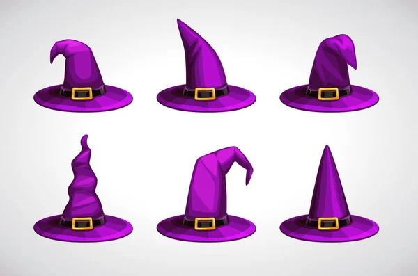 Tecknad häxa hatt, färgglada ikoner set. Halloween kostym element. — Stock vektor