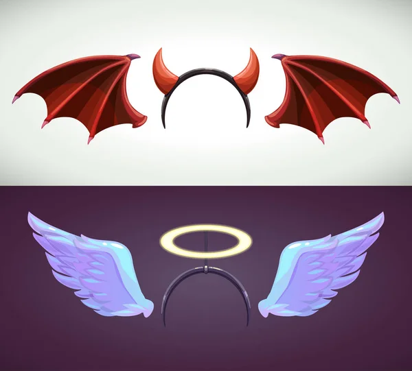 Angel and devil decor elements. Angel wing and halo. — Stock Vector