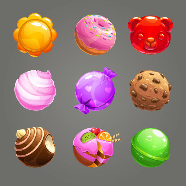Candy balls set. Round sweet assets for game design.