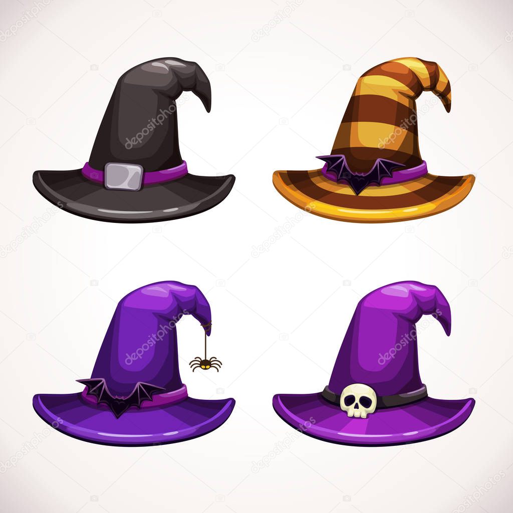Cartoon witch hat, colorful icons set. Halloween costume element.