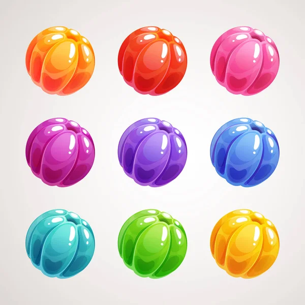 漫画カラフルなゼリーボール。ゲームデザインのための光沢のある甘い丸いアイテム. — ストックベクタ