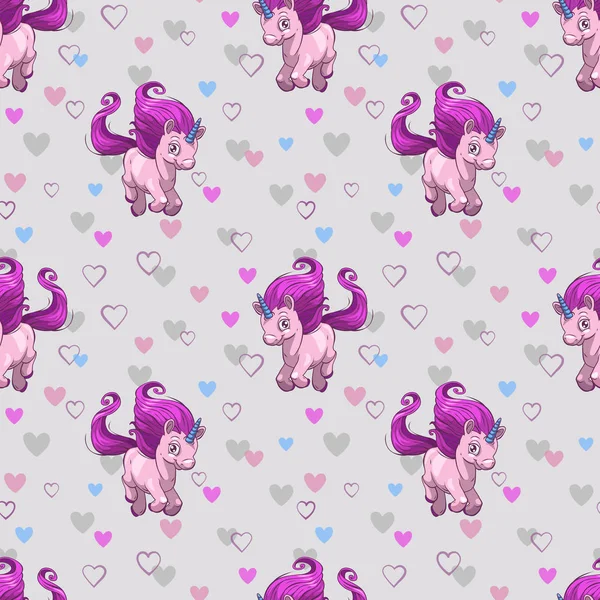 Seamless pattern with cute cartoon little unicorn. — Stock Vector