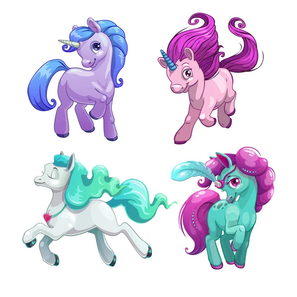 Funny unicorns. Little cute cartoon pony princess set. — Stock Vector