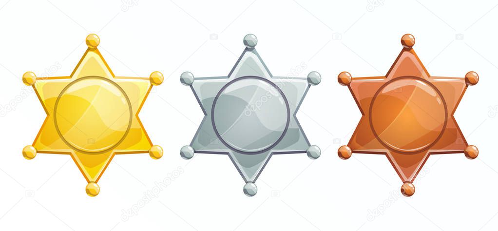 Sheriff badge icon. Golden, silver, bronze hexagonal star. Isolated vector on white background.