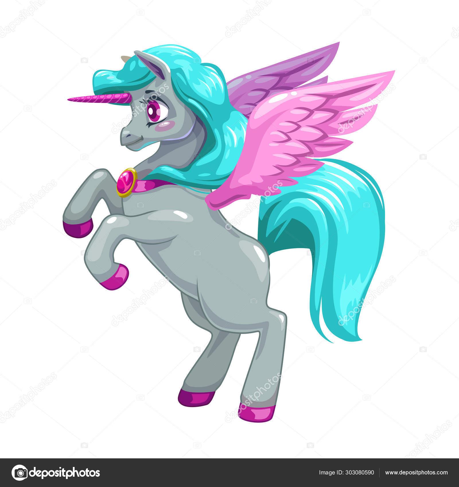 Image vectorielle Adorable licorne fantaisie aux longs cheveux blu et ailes  roses . par ©lilu330 - 303080590, image size:1600x1700