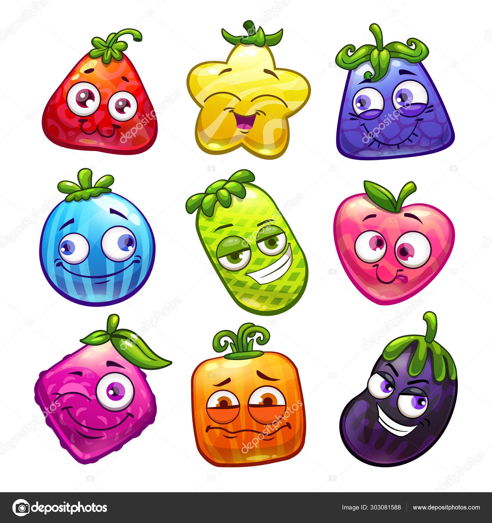 Funny cartoon colorful fantasy fruits set. Plant characters collection.  Stock Vector Image by ©lilu330 #303081588