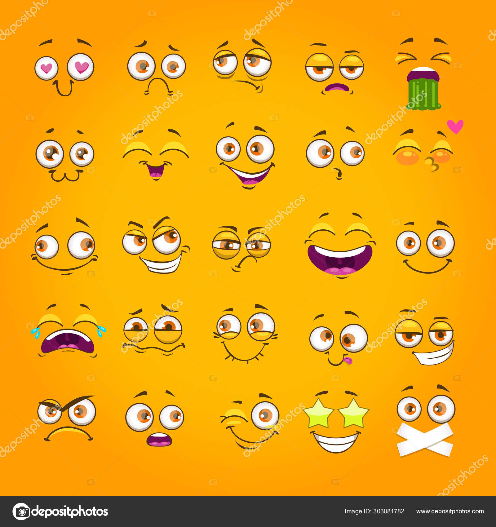幽默表情符号集。表情面集合。黄色背景上有趣的卡通漫画脸. 图库矢量图©lilu330 303081782, image size:1600x1700